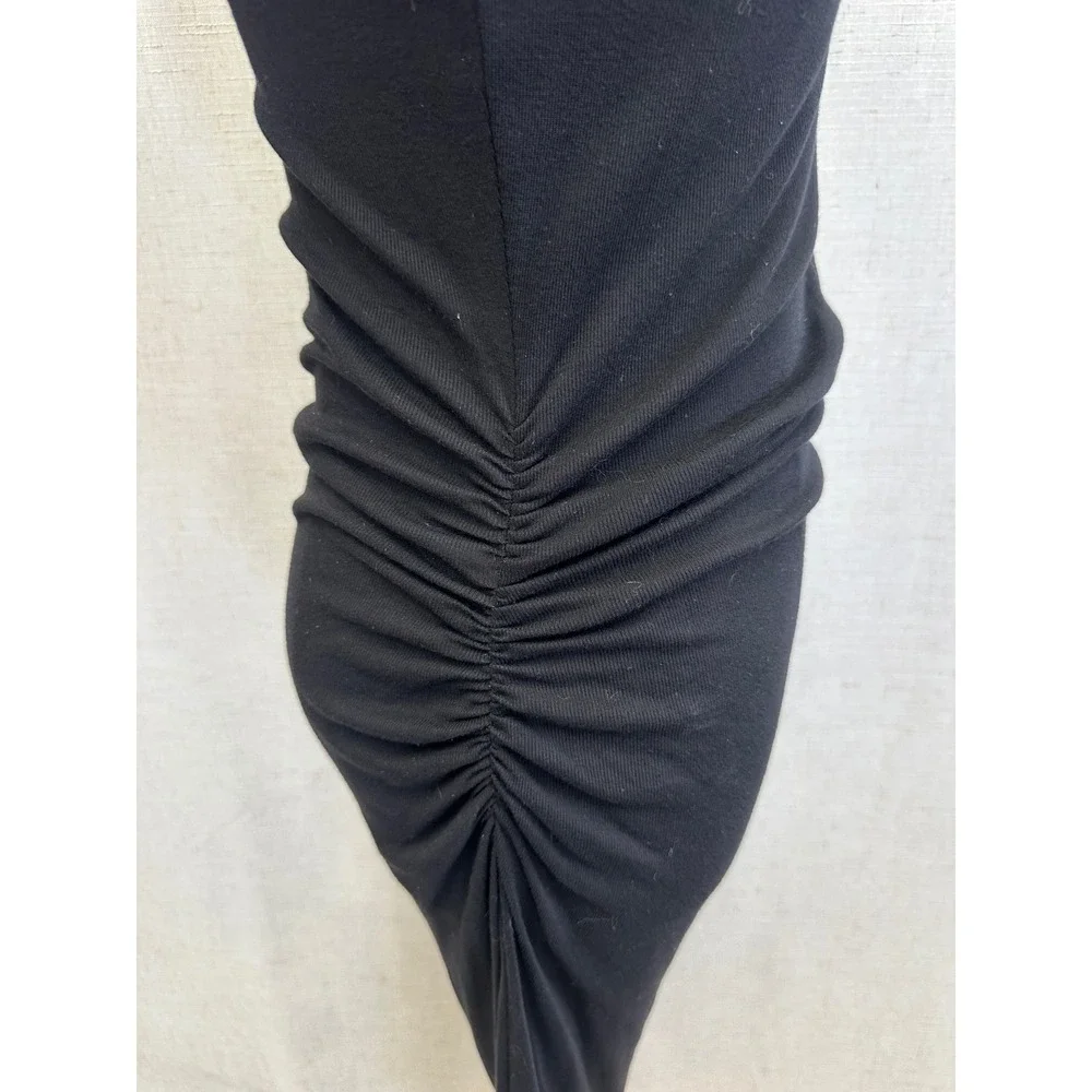 James Perse Tencel Solid Black Ruched Midi Dress Womens Size 3 Minimalist LBD